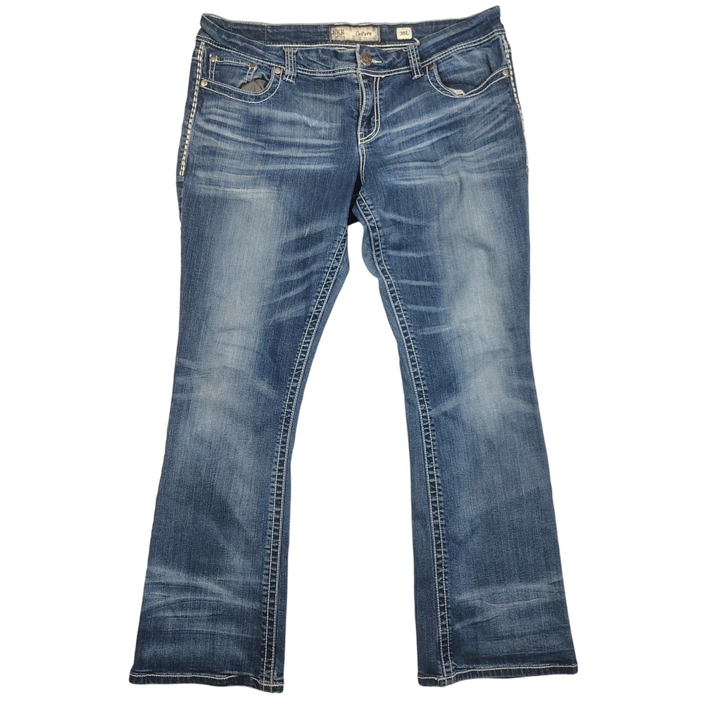 BKE Culture Jeans Mens 38L Blue Bootcut Contrast Stitch Distressed Denim 38x33.5